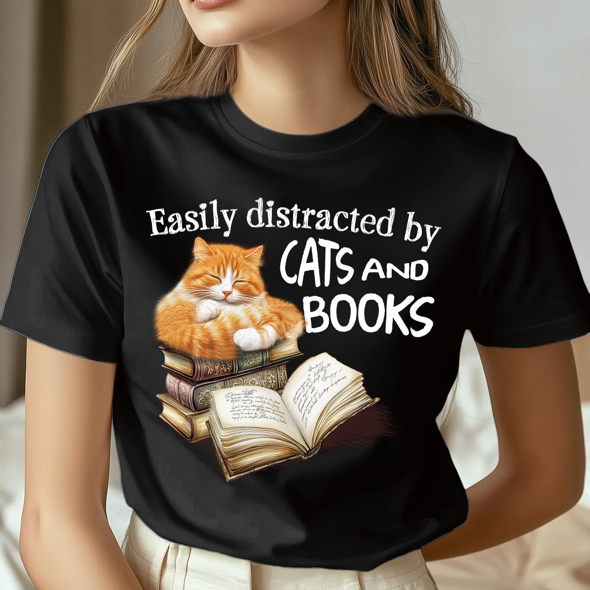 Easily Distracted Cats And Books T-Shirt